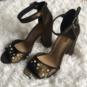 Embellished satin block heels